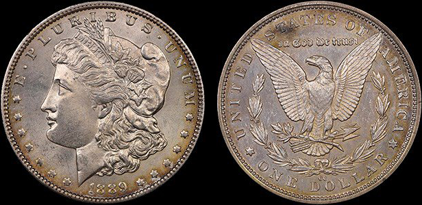 Moneda falsificada: dólar Morgan de 1889 CC con mitades unidas.  Imágenes cortesía de NGC