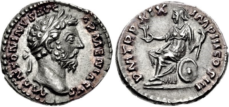 A denarius of the emperor Marcus Aurelius issued in 165 CE. Images courtesy CNG, NGC